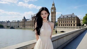 在异国旅游拍照的长发美女