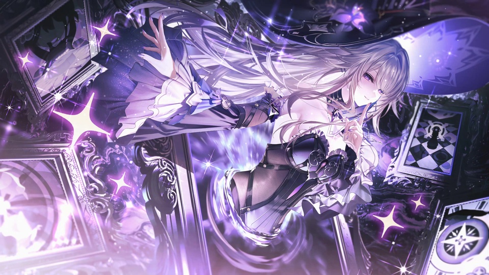 紫调奇幻空间中的银发动漫少女，四周散布星芒与复古雕花边框