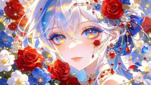 银发彩瞳少女玫瑰唯美插画