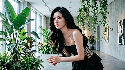 艺术展厅里优雅的性感美女