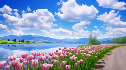 唯美湖边郁金香风景