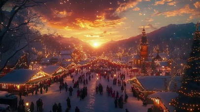 黄昏热闹圣诞小镇集市