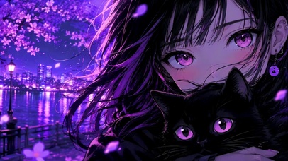 紫调樱花下的粉瞳少女与黑猫