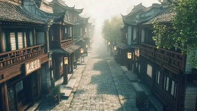 清晨朦胧云雾古城街道