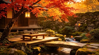 溪流枫树木屋