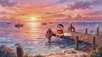 黄昏海边的蜡笔小新