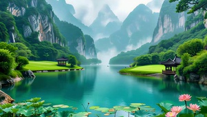 绿色护眼山水荷花