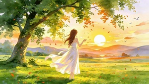 白裙少女眺望夕阳