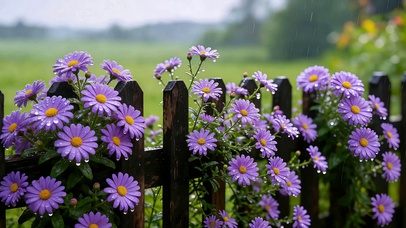 篱边紫色雏菊 雨声
