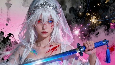 彩墨风持剑白发纯欲性感异瞳美人