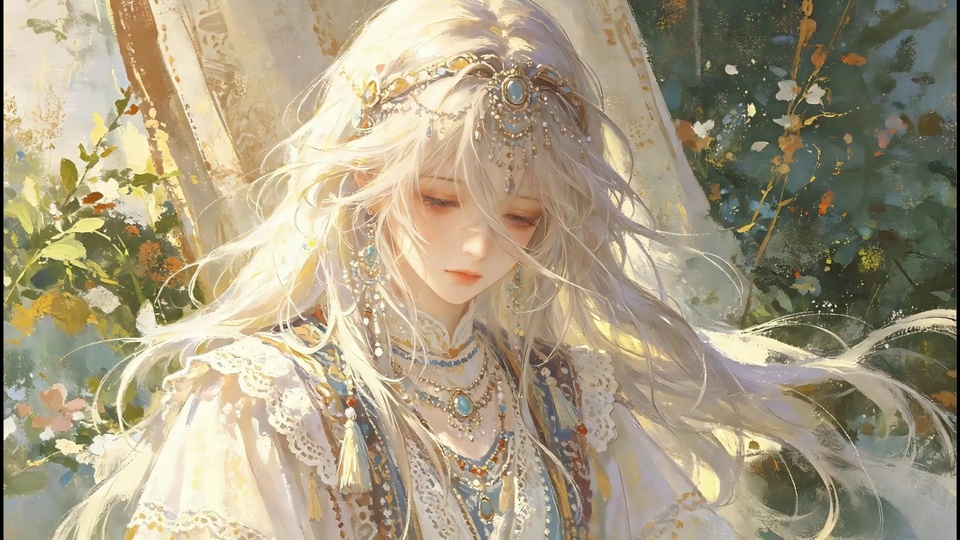厚涂插画画面里，银发少女佩戴嵌绿松石的金质头饰与多层项链，身着带白蕾丝装饰的浅调服饰，身后是暖光笼罩的朦胧花植，点缀着细碎彩色光斑。