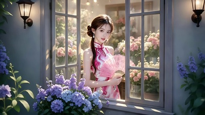 花房窗台旁持香扇红粉旗袍美女