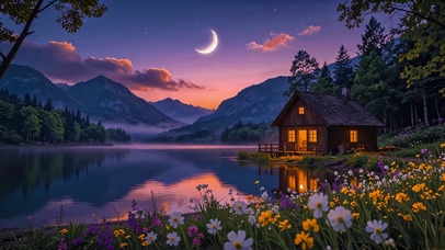 湖畔木屋夜景