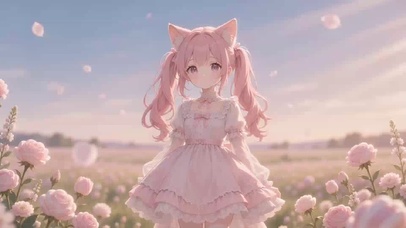 粉双马尾猫耳少女、淡粉洛丽塔裙