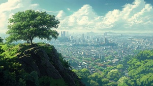 山顶绿树俯瞰城市风景