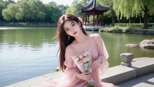公园湖边手捧鲜花的粉衣美女