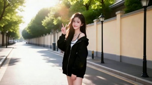 站在林荫小道的可爱美女