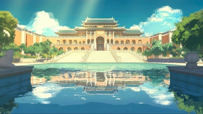 晴天白云古城宫殿倒影