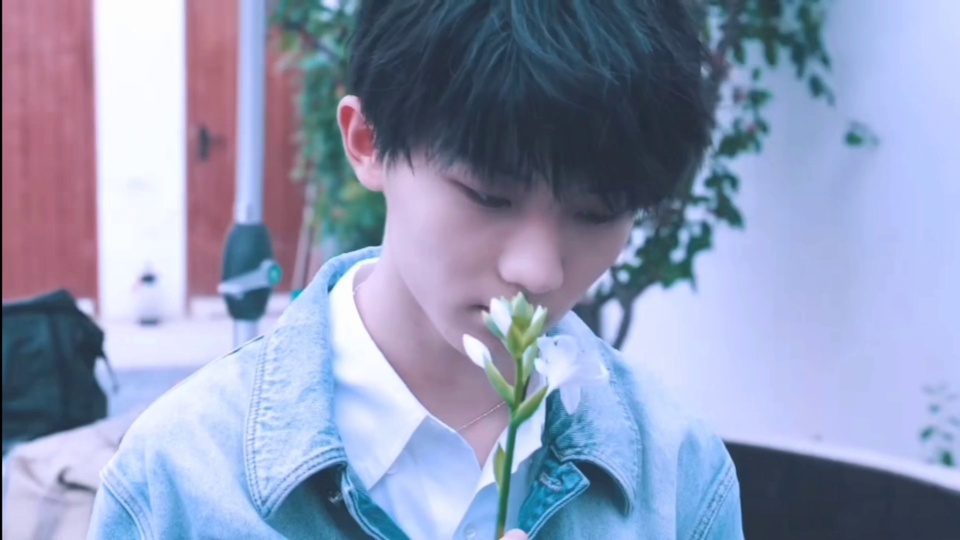 持白色小花的黑发少年，浅蓝牛仔外套叠白衬衫，户外庭院背景