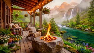 高山瀑布溪边木屋