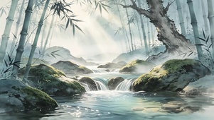 水墨竹林溪流