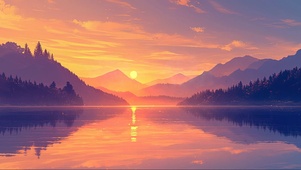 落日高山湖泊