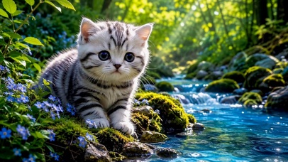 林间溪流边的可爱小猫