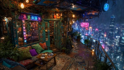 未来雨夜城市小屋阳台