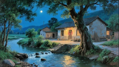 月夜乡村小屋