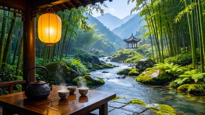 山间竹林溪流木屋