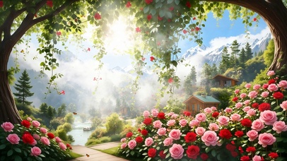 护眼花园树木房屋阳光景色