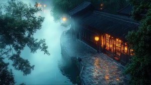 阴天迷雾古镇傍晚