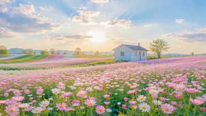 夕阳花野小屋
