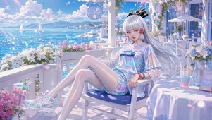 滨海度假银发美少女