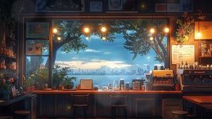 傍晚海景温馨咖啡店