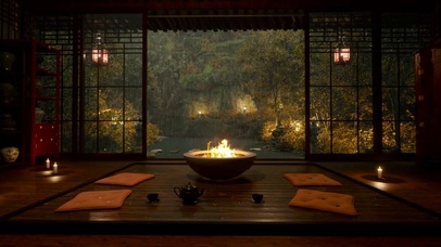 雨夜庭院木屋篝火