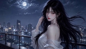 月夜都市天台清冷美少女