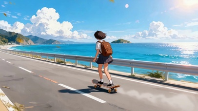 小清新动漫海滨公路滑板JK少女