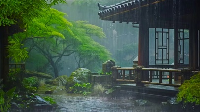 古风雨天江南小屋