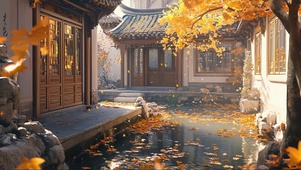 金色秋日庭院池塘美景
