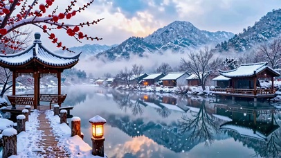 冬日红梅雪村