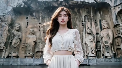 莫高窟佛像前留影的美女