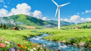 山川流水小屋风车风景插画