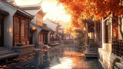 秋日静谧温馨古城建筑