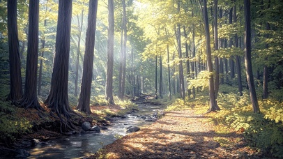 静谧清新阳光森林溪流