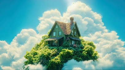 天空阳光绿色森林小屋