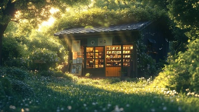 清新绿色树林草地商店