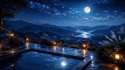 月夜山湖庭院