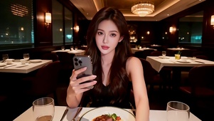 餐厅就餐拿着手机联系等待的美女