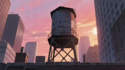 落日城市建筑屋顶水塔